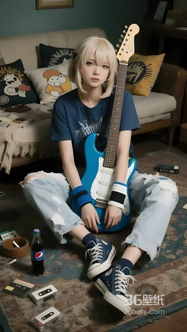 二次元少女·抱蓝色电吉他 写实风居家场景手机壁纸1