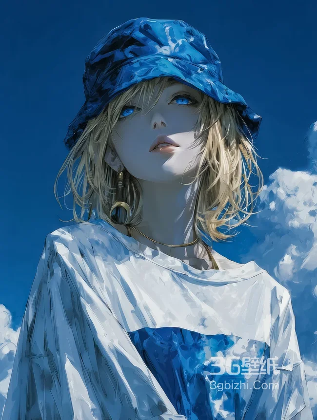二次元唯美蓝调金发少女·原创插画竖屏手机壁纸1