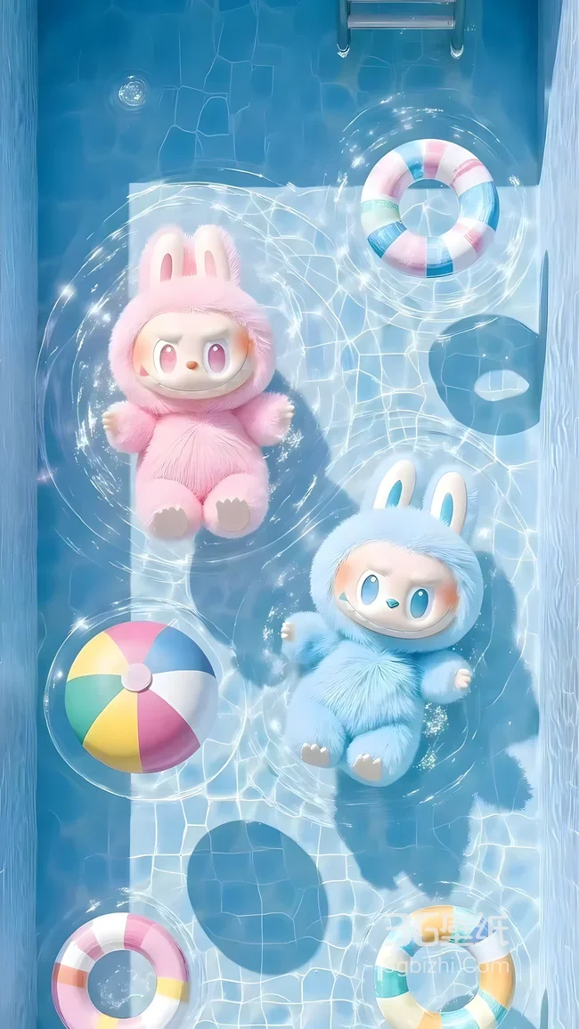 粉蓝毛绒兔玩偶泳池戏水·萌系治愈3D·夏日清凉手机壁纸1