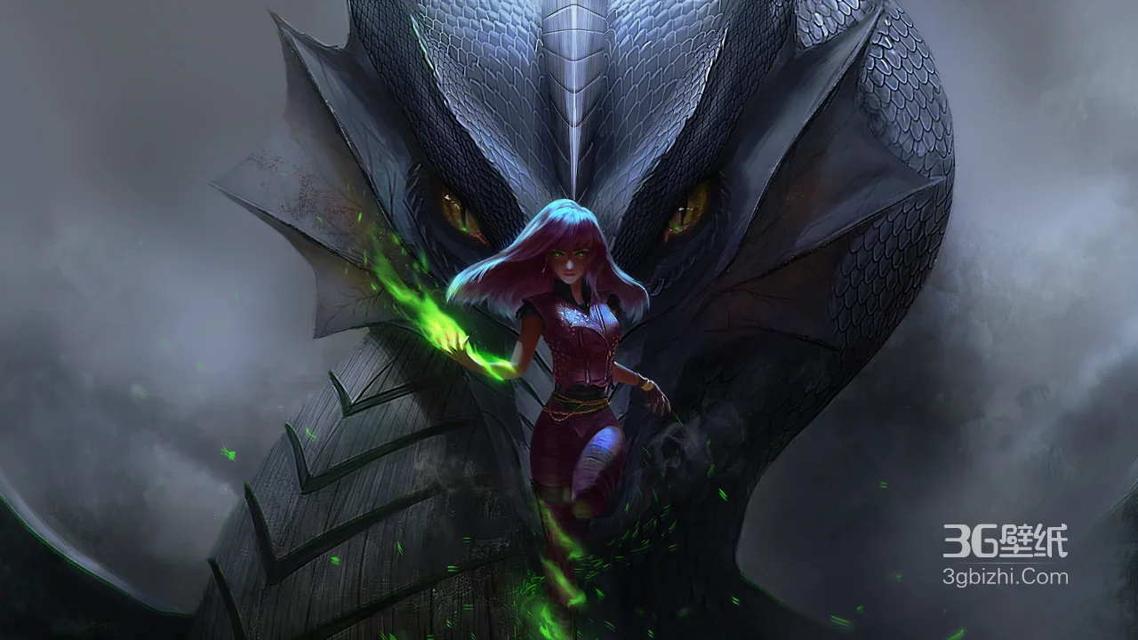 紫发少女·魔法操控 暗黑奇幻巨蛇 游戏风电脑壁纸1