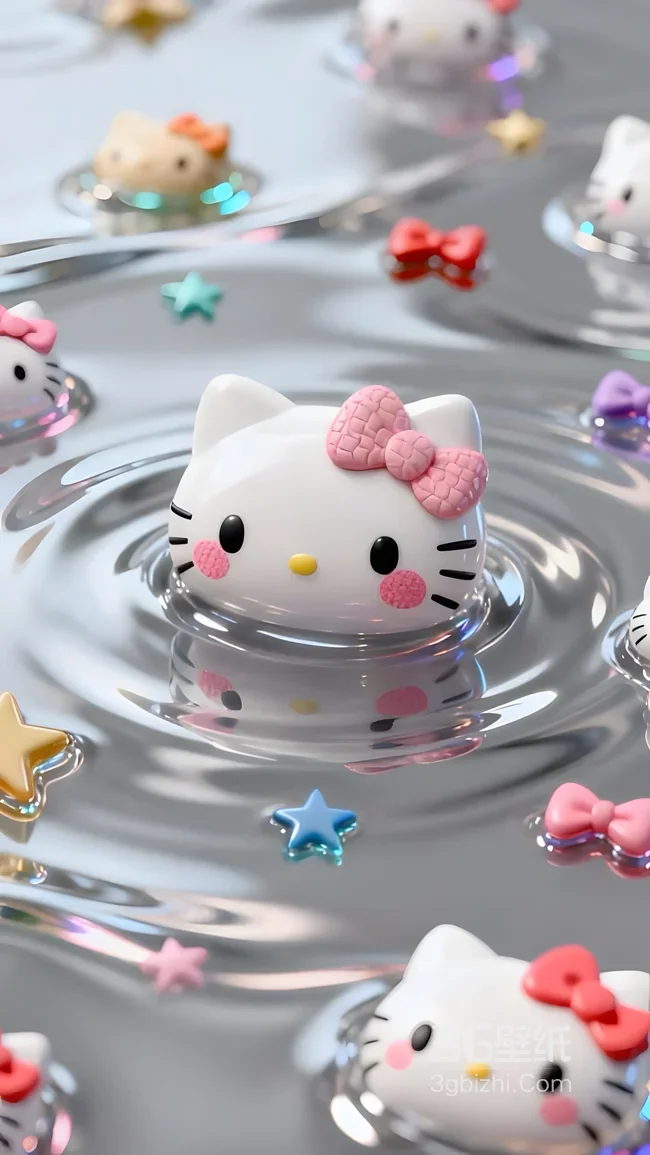 Hello Kitty粉色蝴蝶结·水波纹可爱三丽鸥壁纸（三丽鸥萌系手机壁纸）1