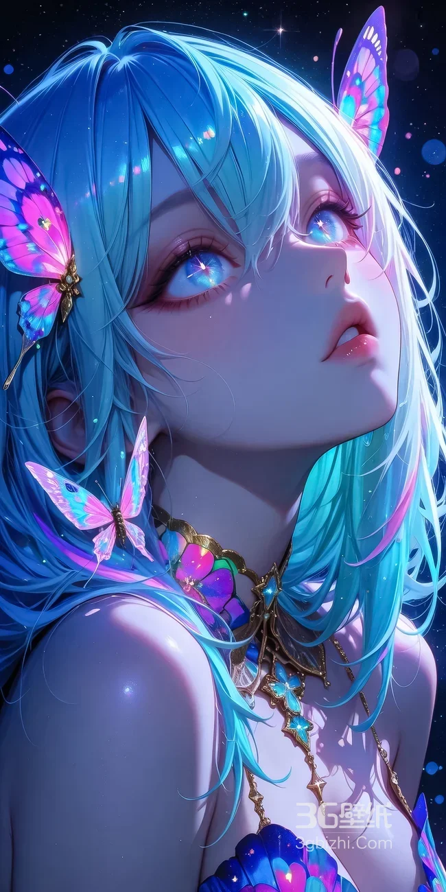 蓝发幻蝶少女·二次元唯美星空风 梦幻手机壁纸精选1