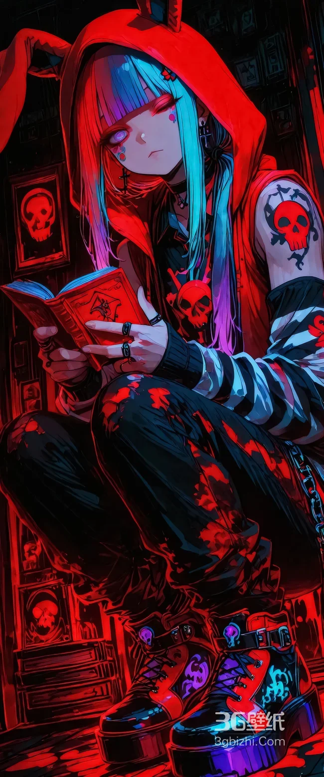 暗黑哥特风骷髅元素动漫少女（持书兔耳）手机壁纸1