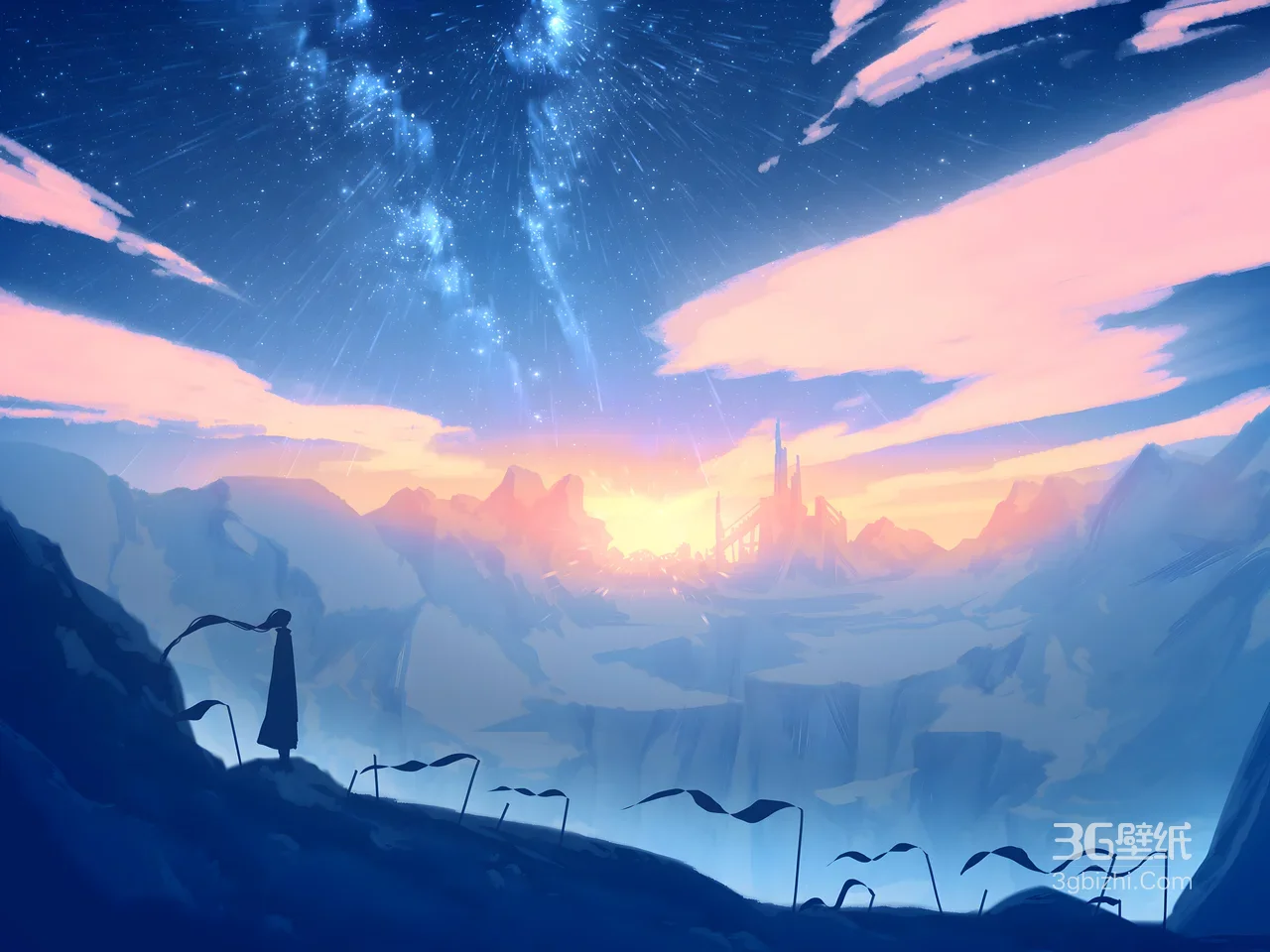 剪影旅人·星空城堡·唯美二次元超宽屏电脑壁纸1