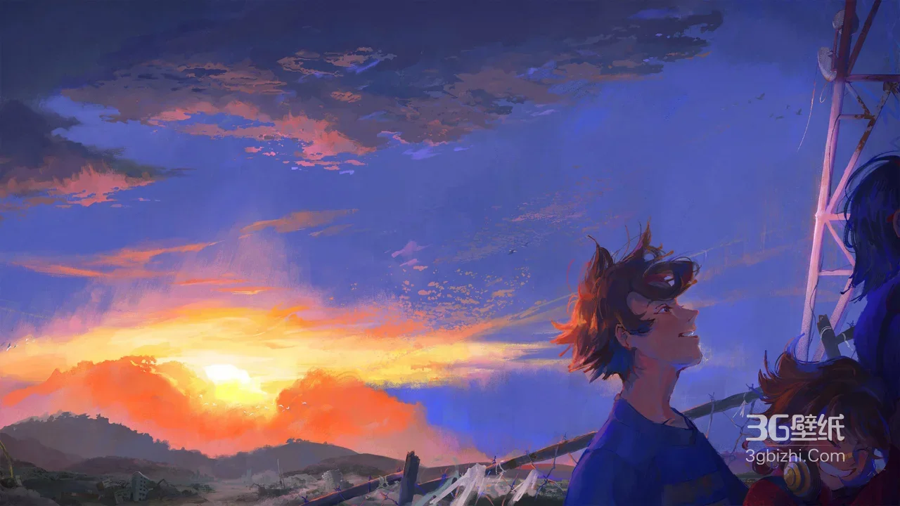 动漫少年·仰观日落 唯美插画风宽屏车机电脑壁纸1