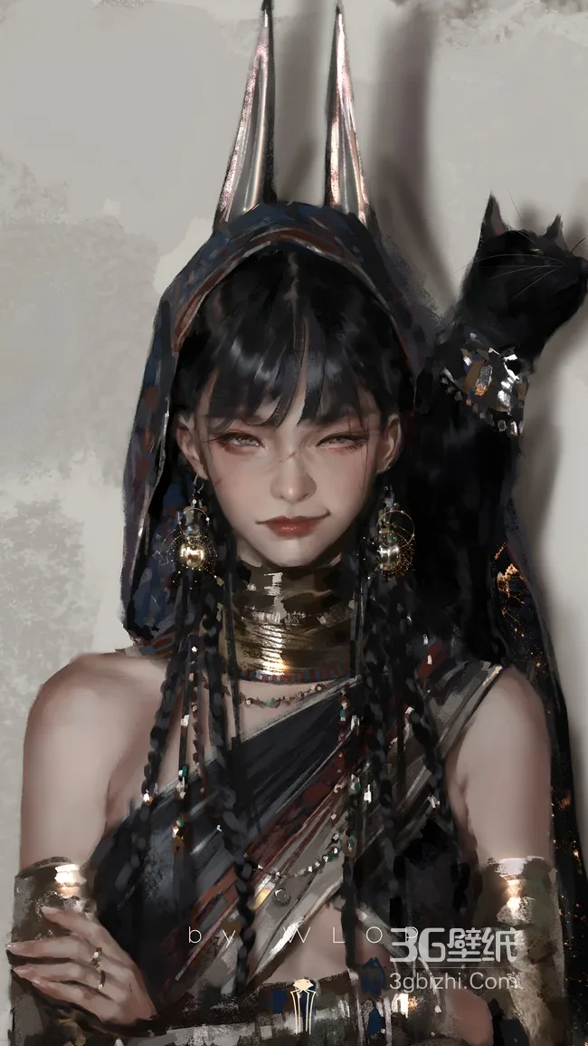 埃及风女子·双角头饰黑猫 写实WLop绘 复古壁纸1
