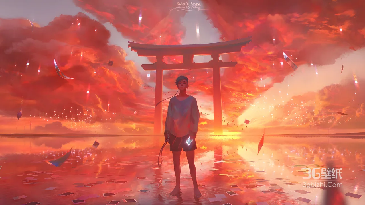 赤脚少年·持物而立 日系唯美插画 鸟居绯红云海 宽屏电脑壁纸1