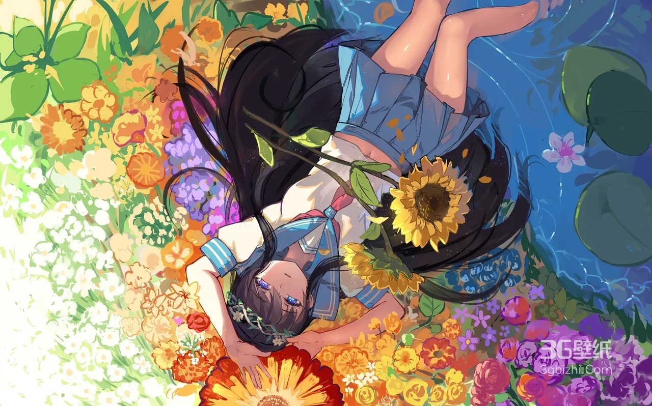 二次元水手服少女·花海睡莲 唯美日系向日葵电脑壁纸1