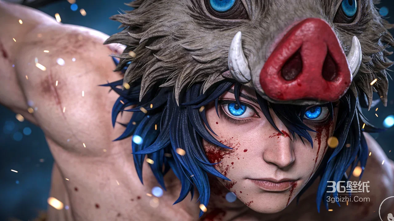 嘴平伊之助·野猪头套血腥战损 写实风鬼灭之刃动漫壁纸1