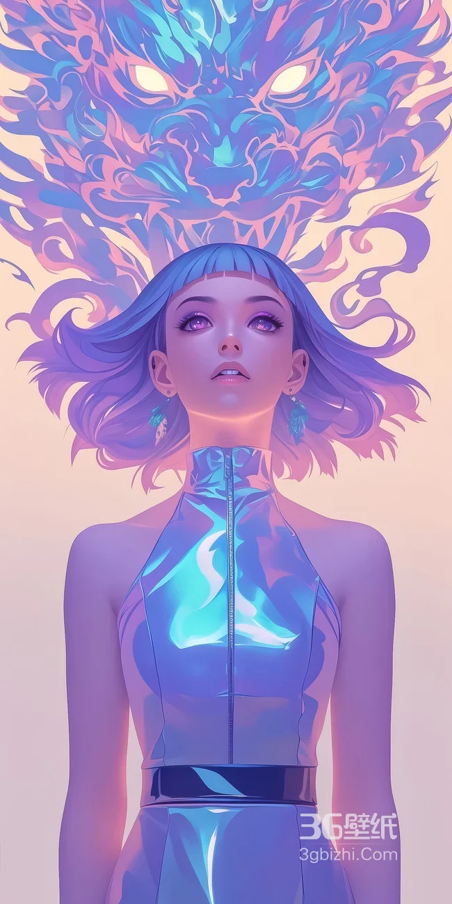 蓝发少女·赛博渐变风 梦幻灵狐背景高质感手机壁纸1