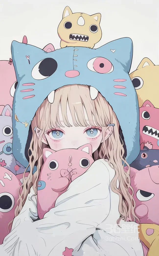 二次元可爱少女抱猫咪·原创插画手机壁纸1