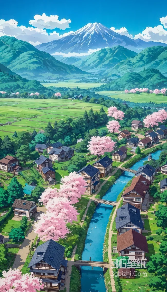 日式乡村樱花绿野富士山·新海诚风治愈插画（田园风景）1