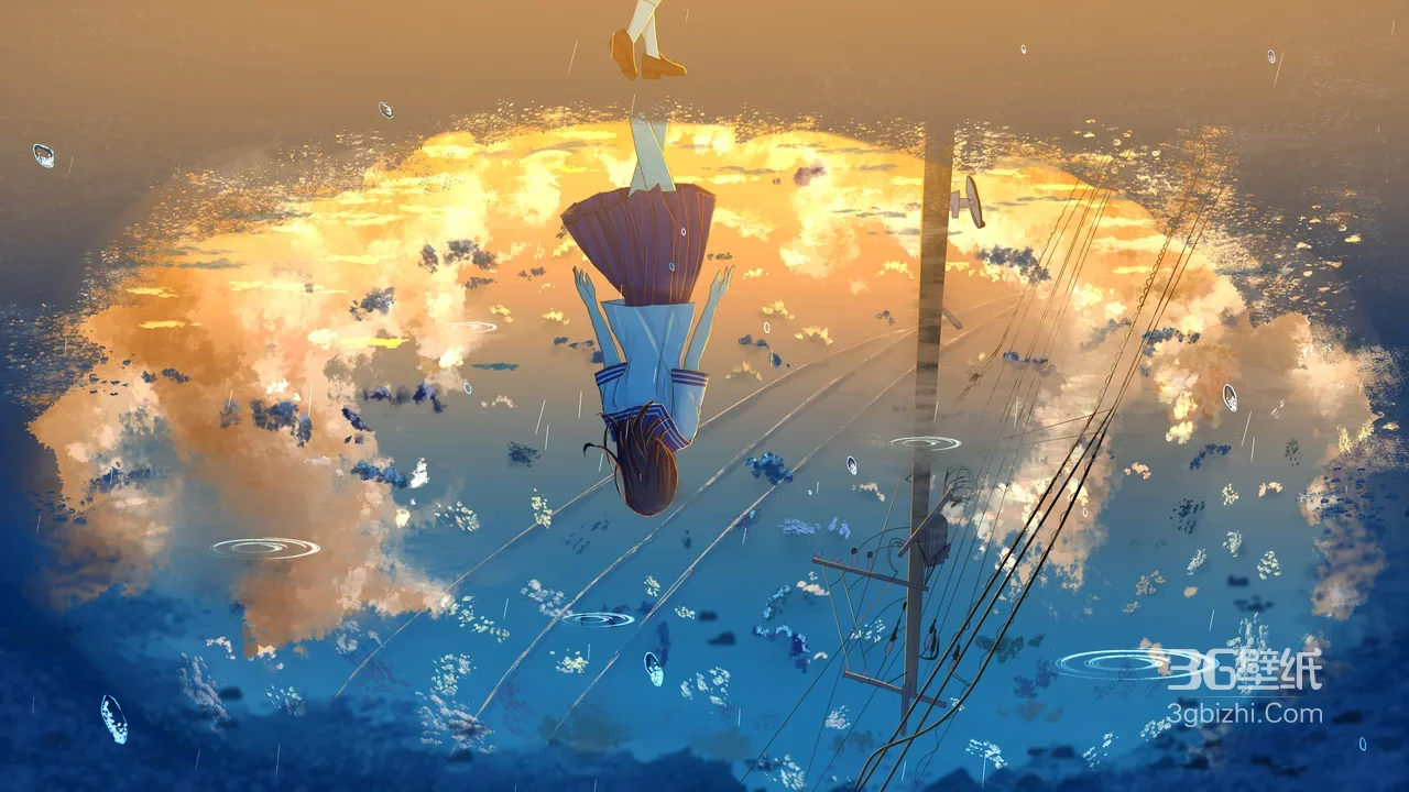 倒挂校服少女·唯美二次元 黄昏雨天宽屏电脑壁纸1