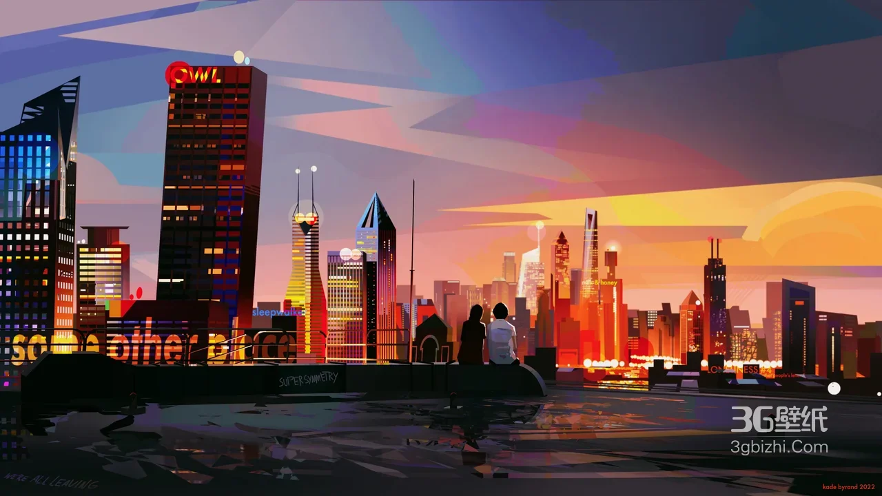 赛博朋克都市天际线·屋顶双人 插画风电脑壁纸（kode bryant 2022）1