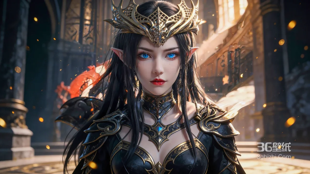 暗黑奇幻精灵女王·黑金战甲（游戏CG风宽屏壁纸）1