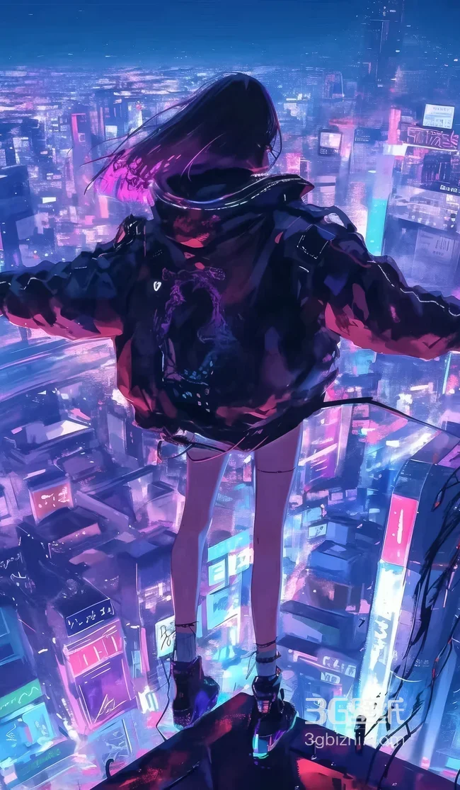赛博朋克少女俯瞰霓虹都市 二次元赛博朋克风壁纸1