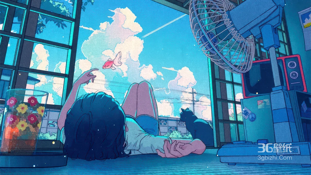 少女躺卧逗金鱼·黑猫相伴 日系清新二次元插画 高清新品电脑壁纸1