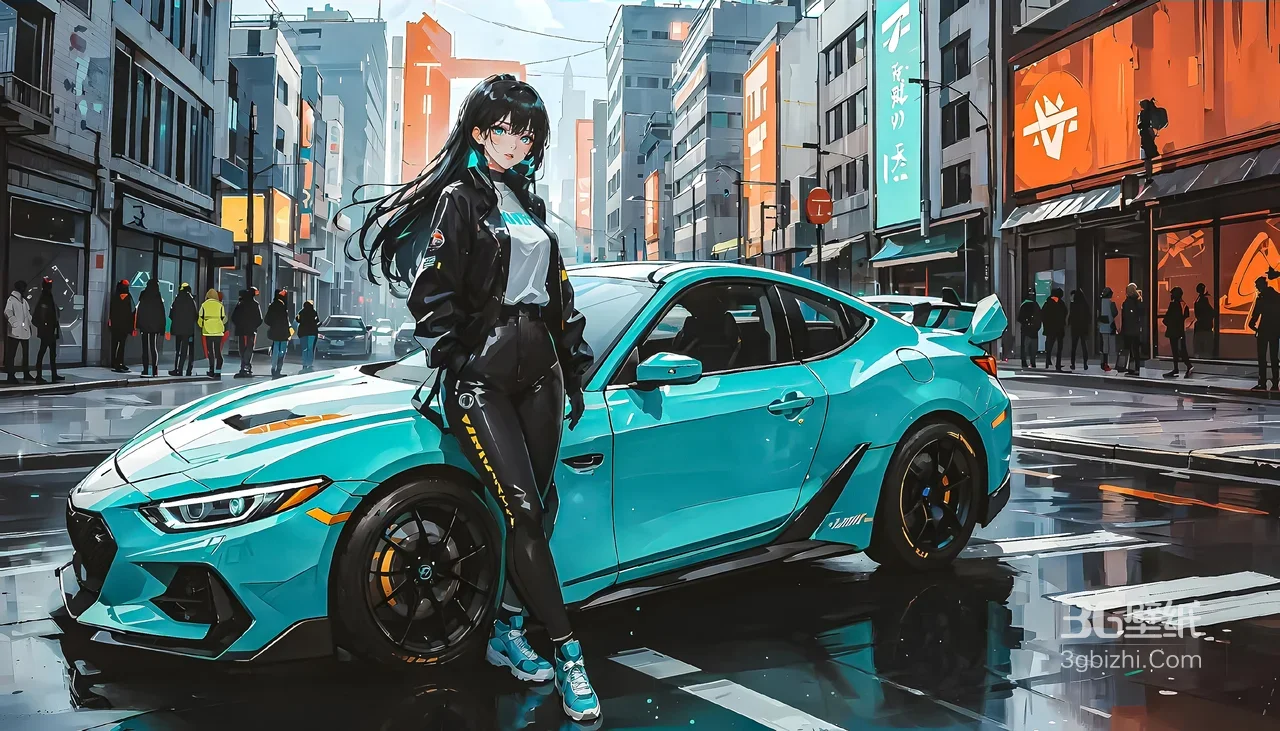 黑长直二次元少女·青色跑车 赛博朋克都市街道电脑壁纸1