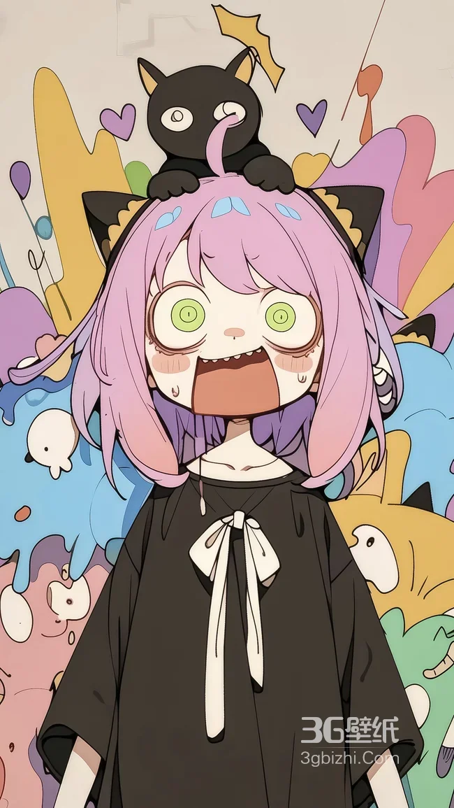 粉发猫耳少女·搞怪神态 二次元卡通萌系手机壁纸（高热度：搞怪卡通壁纸）1