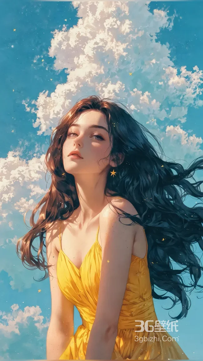 黄裙长发少女·星饰点缀 唯美梦幻插画 超治愈天空系手机壁纸1