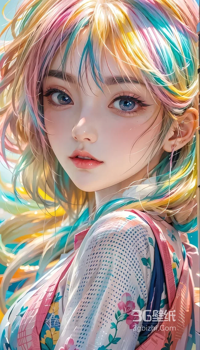 彩虹发色少女·唯美梦幻风 花卉服饰手机壁纸1