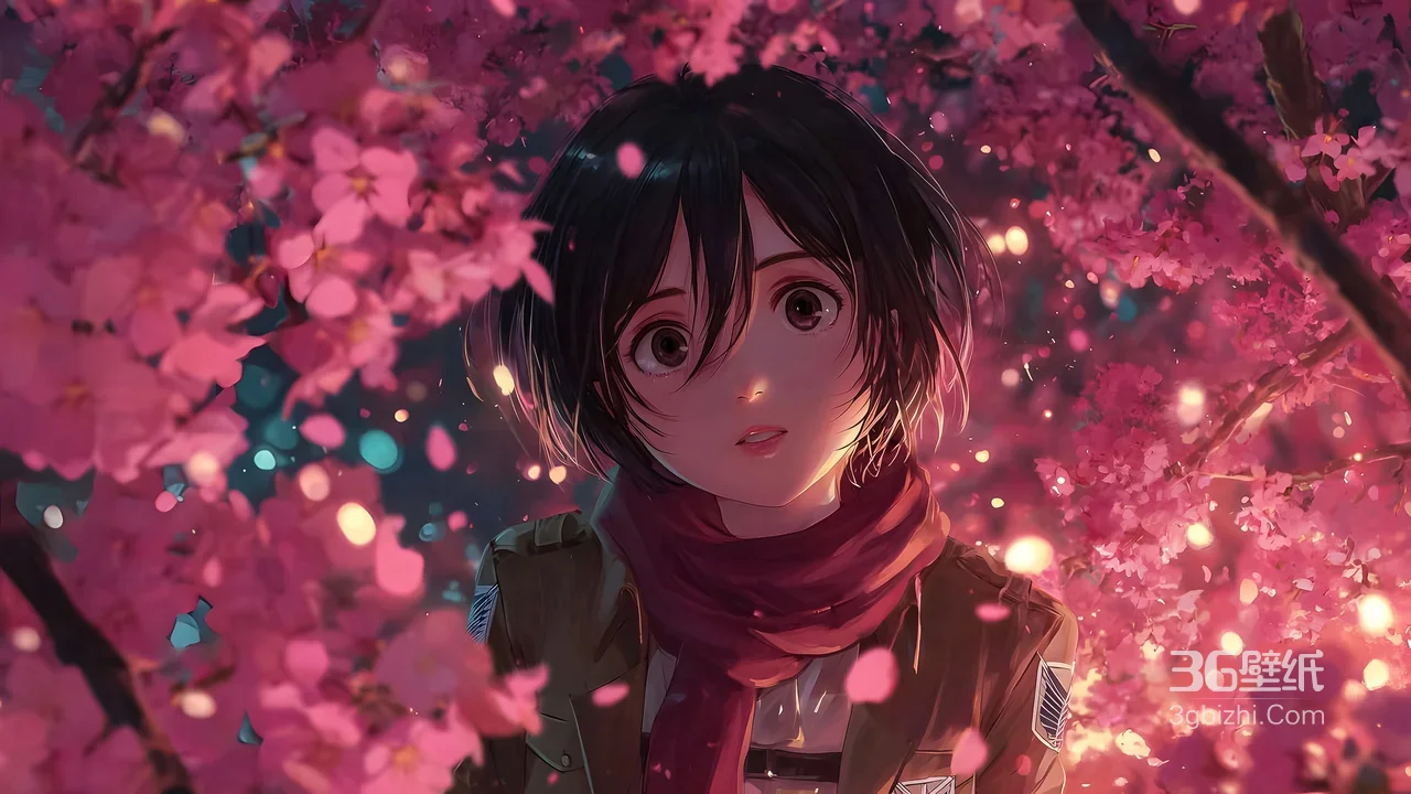 三笠·阿克曼 樱花簇拥 唯美二次元《进击的巨人》壁纸1