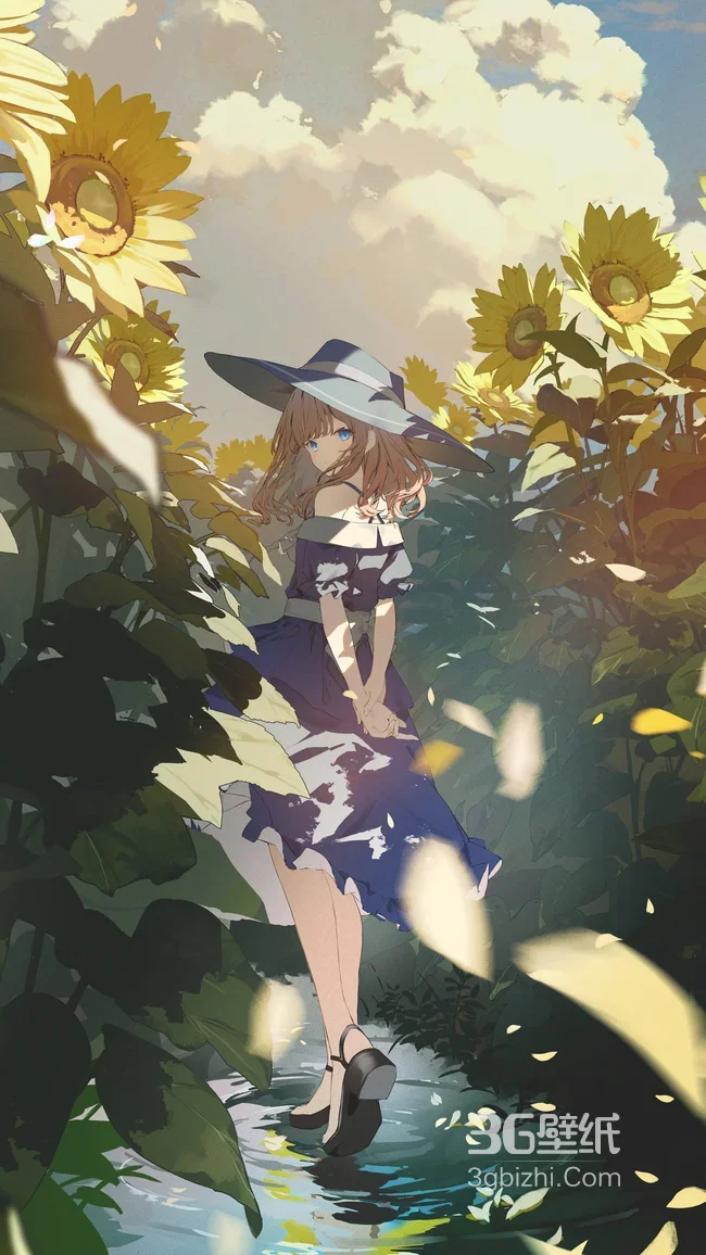 蓝裙少女·向日葵花田 唯美二次元插画手机壁纸1
