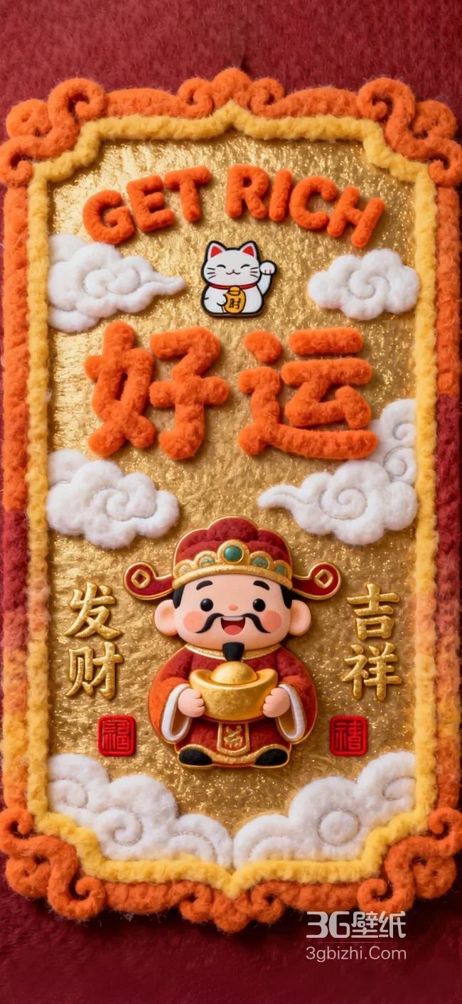 财神·抱金元宝 招财猫 好运发财国潮毛绒风手机壁纸1
