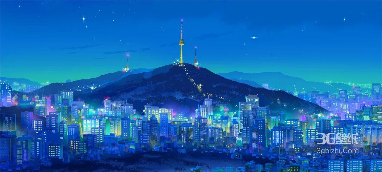唯美二次元南山塔城市夜景 动漫风电脑壁纸 高人气桌面背景1