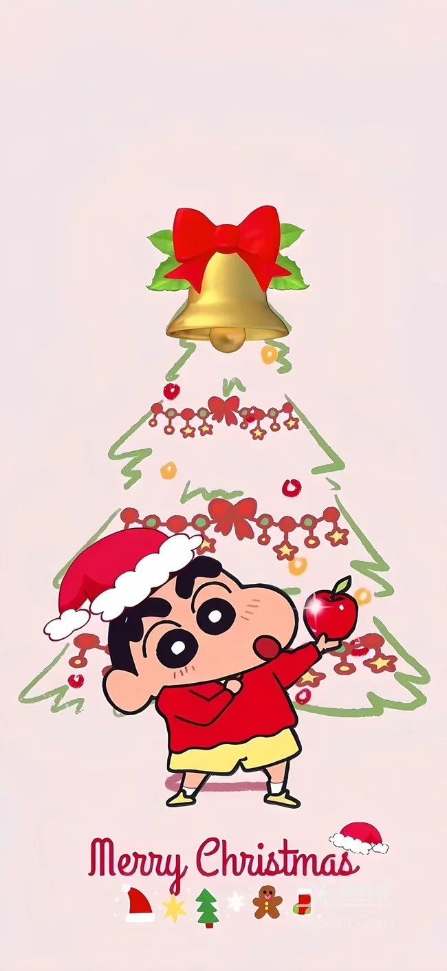 蜡笔小新·圣诞帽持苹果 可爱圣诞风圣诞手机壁纸1