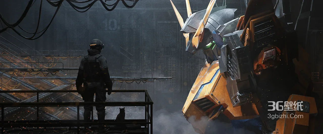 暗黑赛博朋克·巨型机甲与守望者（猫）·科幻宽屏车机壁纸1