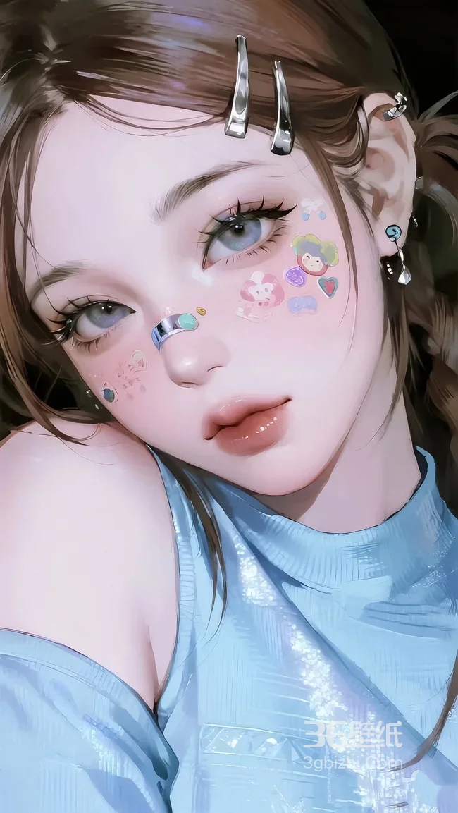 元气少女·面部贴纸银饰点缀·唯美写实风原创插画 手机壁纸1