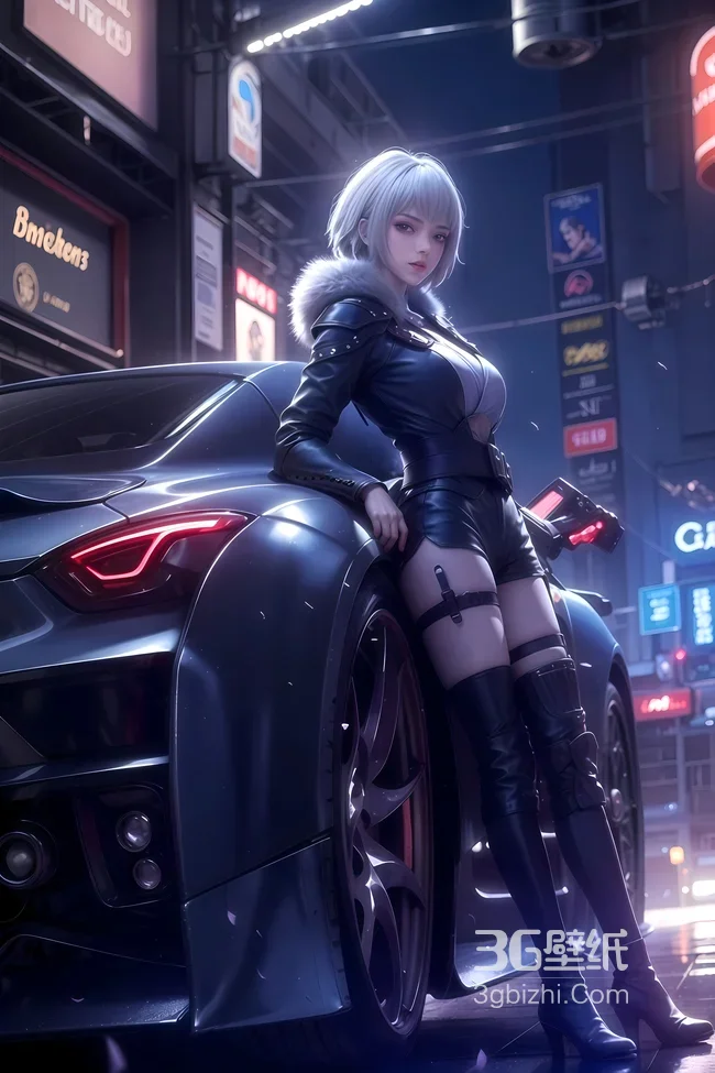 银发皮衣“白月魁”与赛博朋克跑车·未来都市夜景手机壁纸（赛博朋克手机壁纸）1