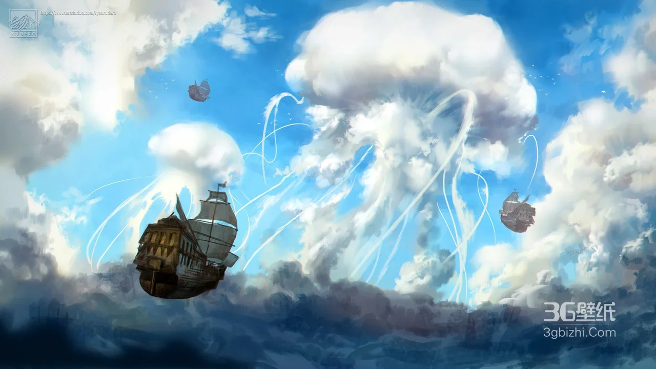 空中帆船·奇幻云海 唯美创意插画电脑壁纸1