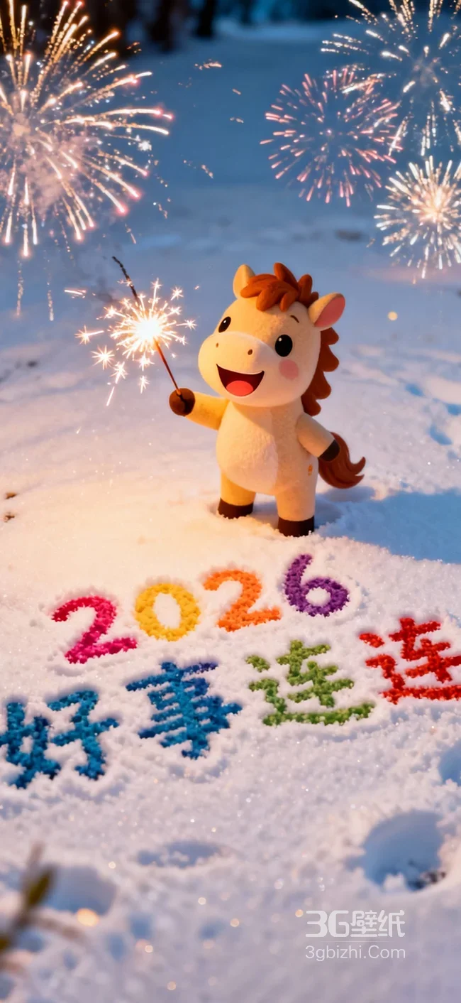 卡通小马手持烟花 2026好事连连 节日治愈风新年壁纸1