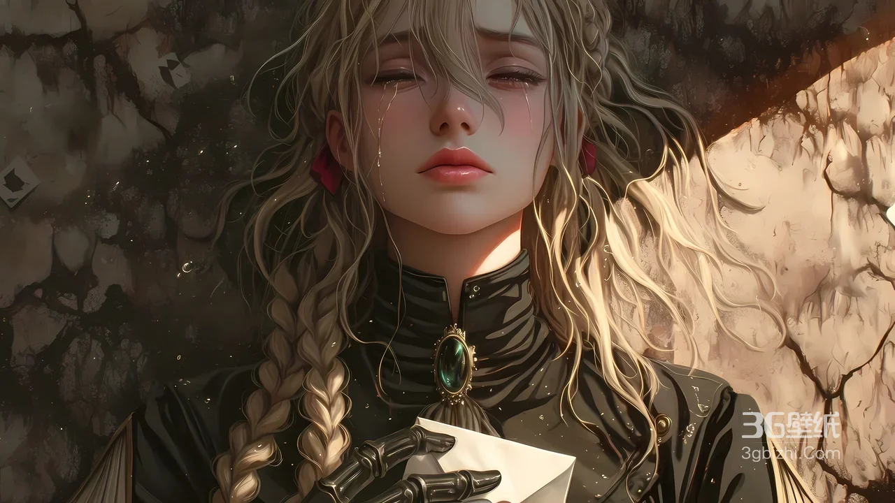 泪颜金发少女·机械手持信 暗黑写实风 宽屏电脑壁纸1