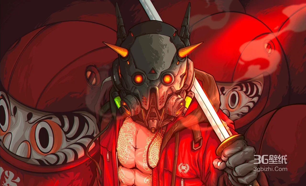 赛博武士·机械面具红袍持剑 日式达摩赛博朋克电脑壁纸1