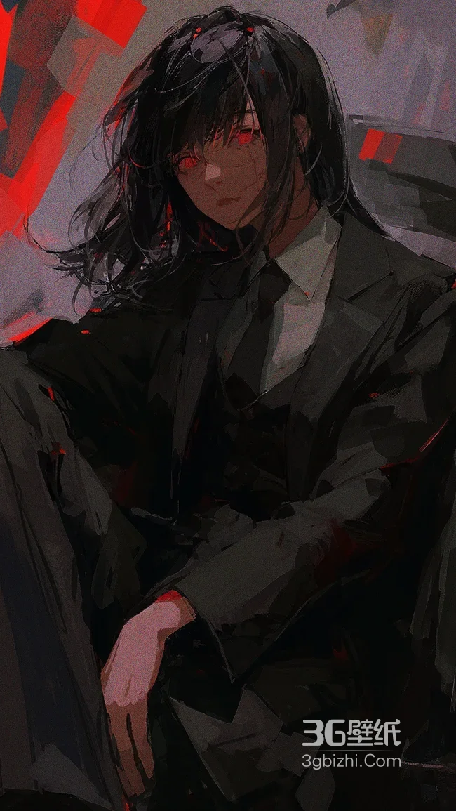 暗黑风长发红瞳西装帅哥·原创插画手机壁纸1