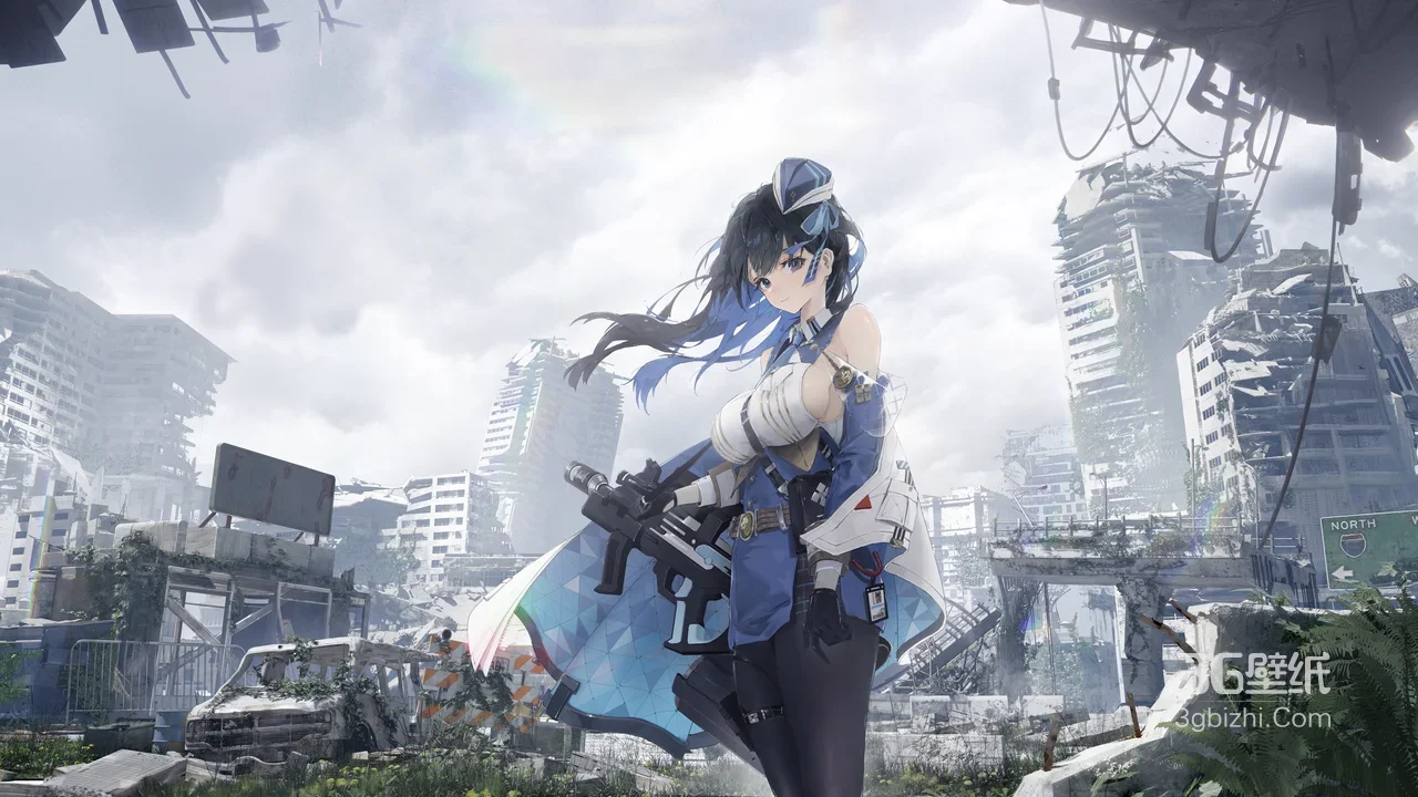 二次元科幻游戏女角色·蓝发持枪 废土都市电脑壁纸1