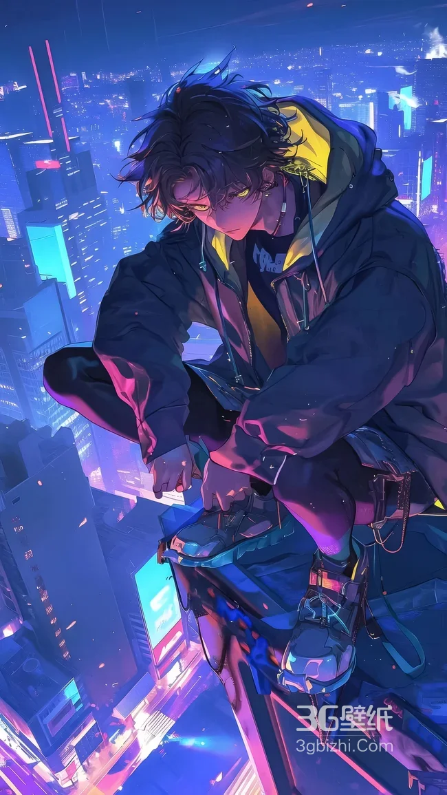 赛博朋克风动漫帅哥·霓虹都市俯瞰 高热度赛博朋克手机壁纸1