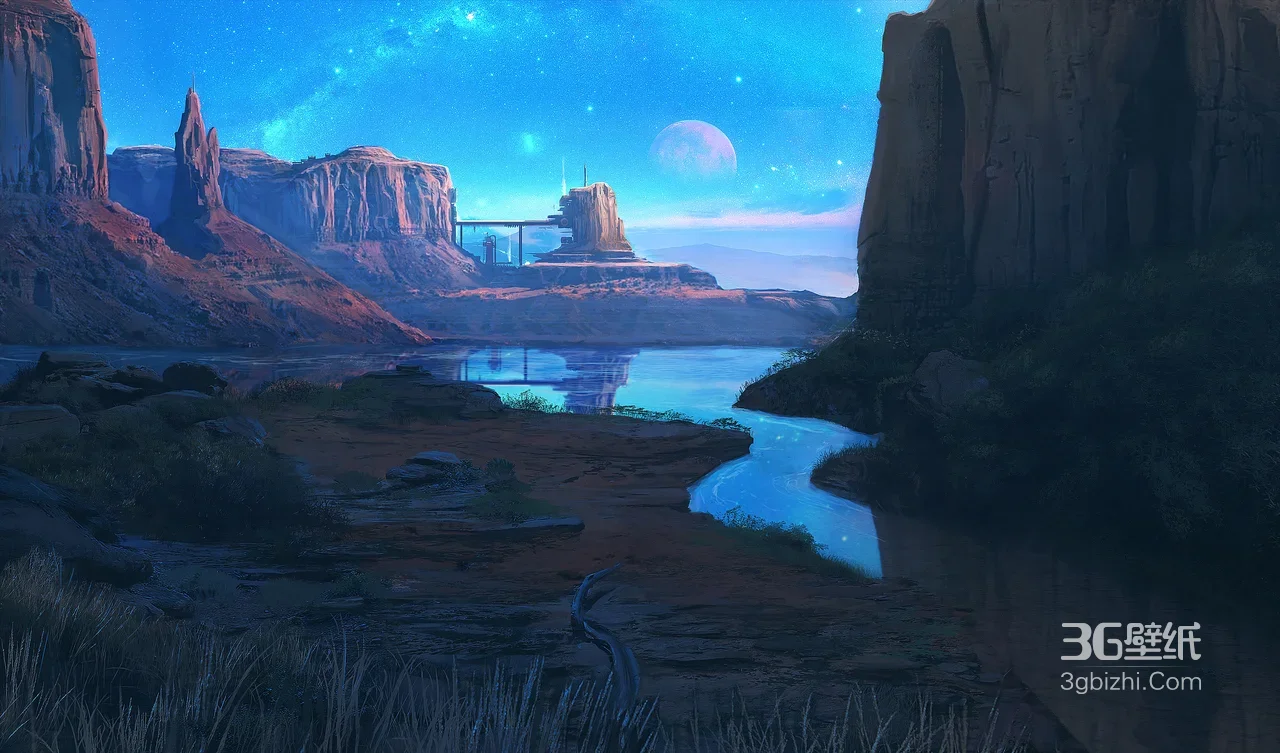 星际峡谷湖泊·科幻唯美风 未来建筑星空月色 高画质科幻风景壁纸1