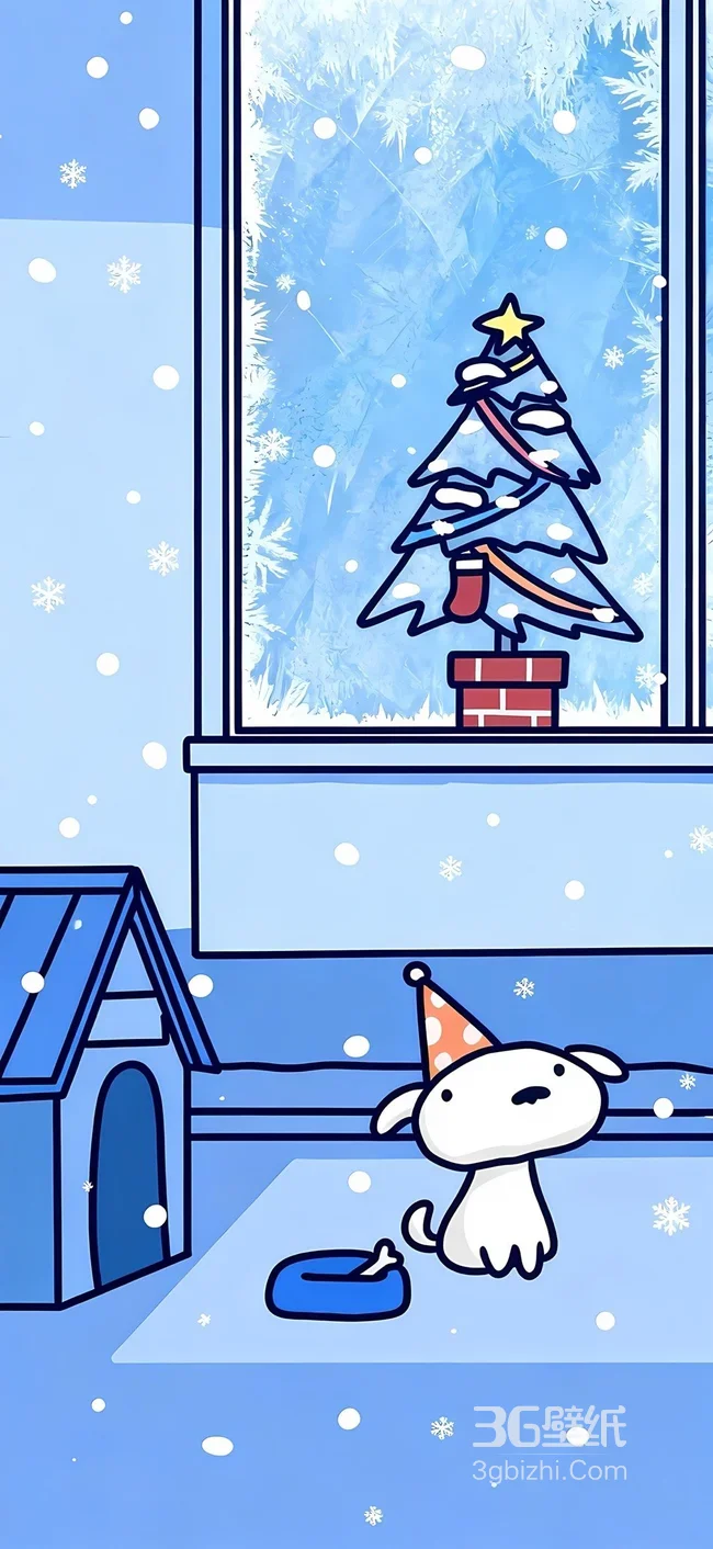 戴派对帽小白狗·圣诞雪景卡通风 节日治愈手机壁纸1