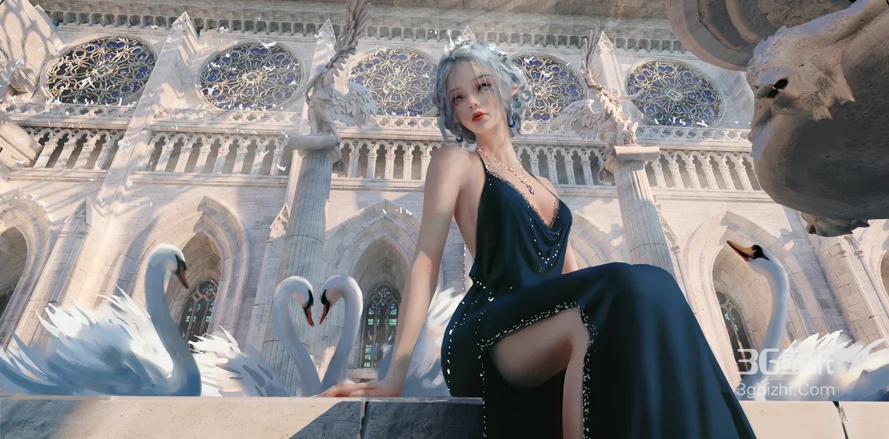 银发礼服女子·哥特建筑天鹅·唯美写实宽屏车机壁纸1