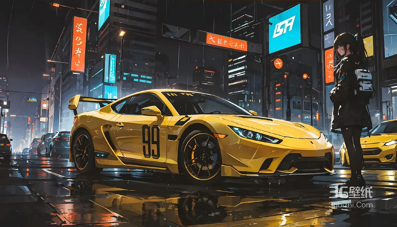 赛博朋克都市雨夜·99号黄跑车&二次元少女 超现实电脑壁纸1