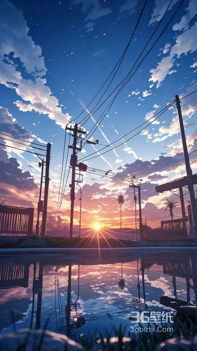 日系动漫风黄昏街道电线杆 云霞日落壁纸参考1