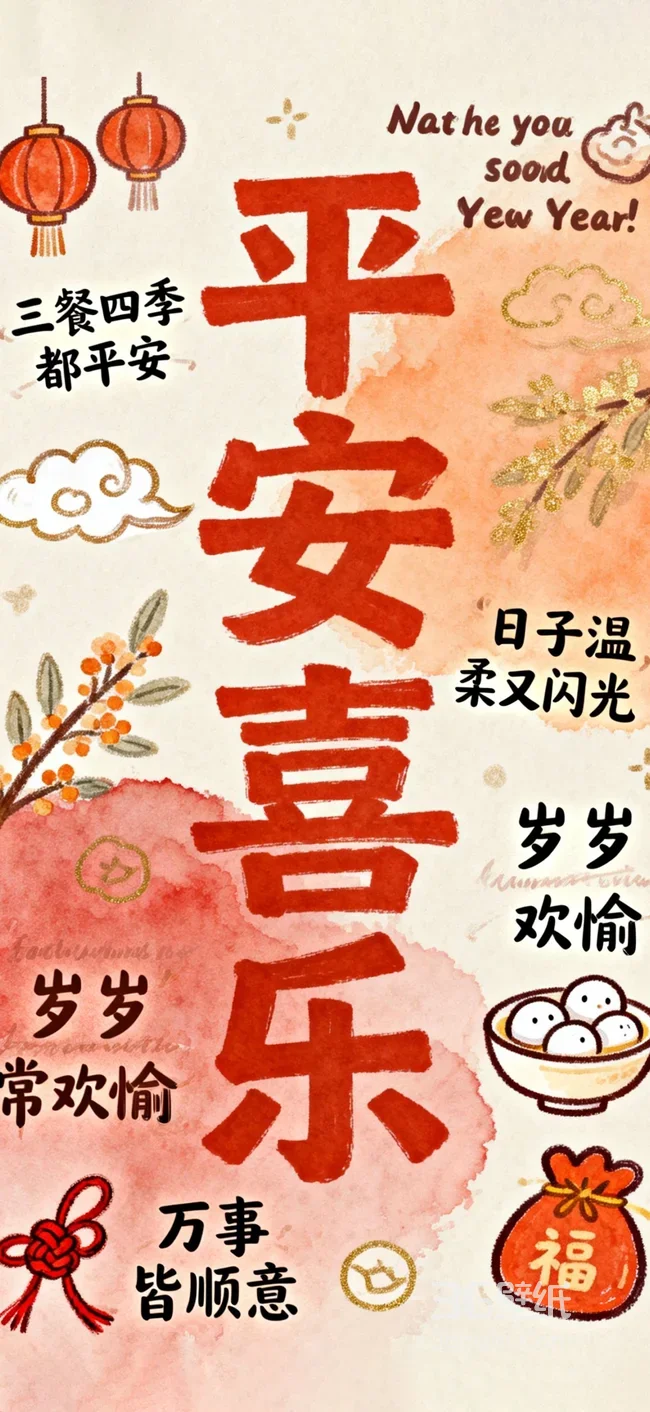 平安喜乐新年祝福·国风手绘·新春氛围感手机壁纸1