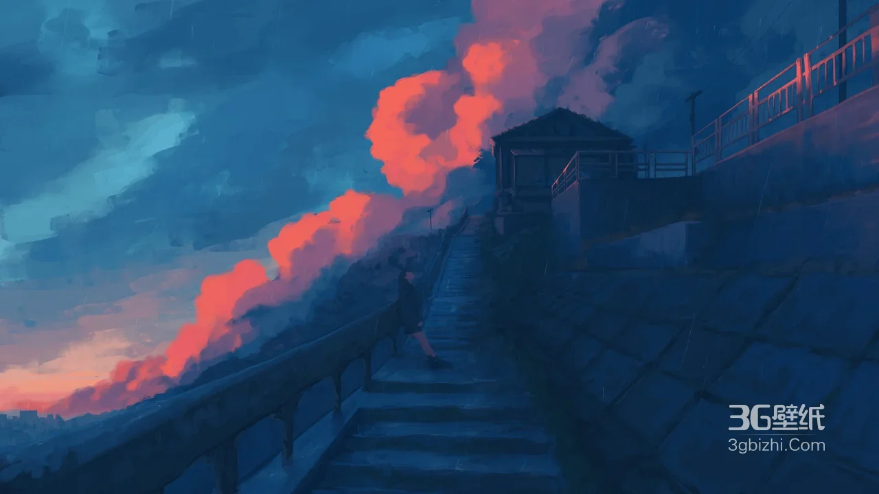 雨夜阶梯行人·红云孤屋 二次元唯美电脑壁纸1