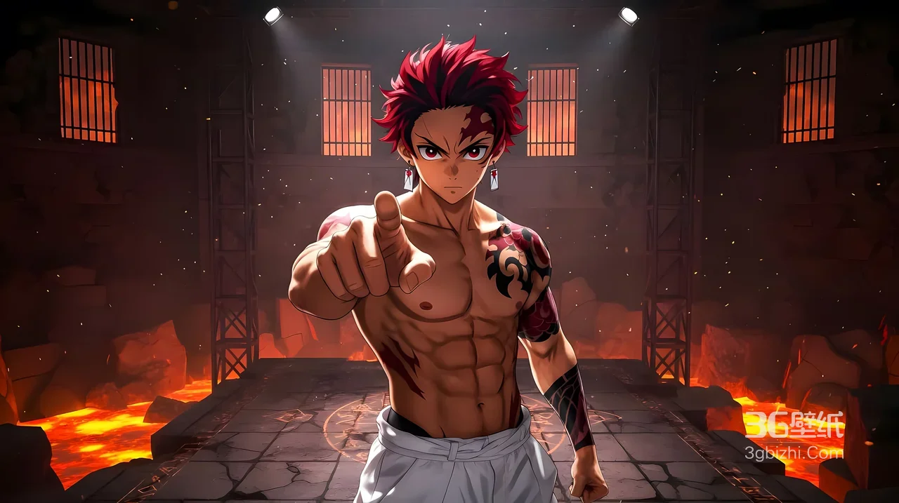 炭治郎·炎纹赤发 熔岩狱场暗黑热血鬼灭之刃桌面背景1