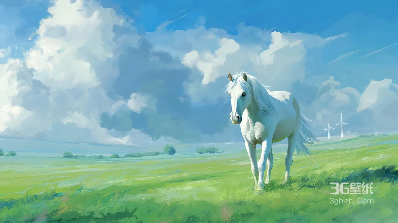 草原白马·唯美油画风 清新草原电脑壁纸热门款1