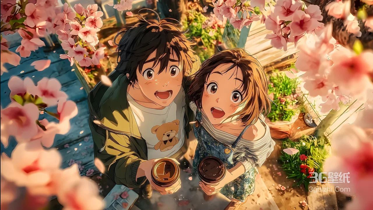 二次元动漫情侣·樱花春日·日系清新 咖啡时光电脑壁纸1